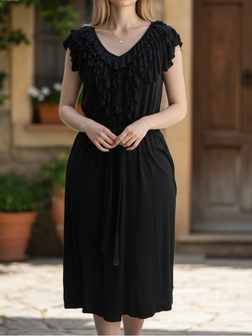 Elle Black Ruffle Sleeve and V-Neck with Tie Waist Dress